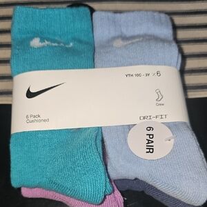 Nike YTH Crew Athletic Socks (10C-3Y) Turquoise, Light Blue & Pink (6 Pack)